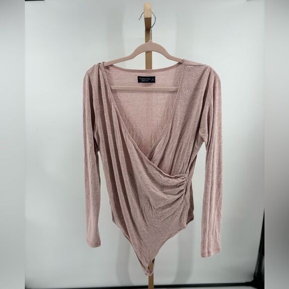 Abercrombie cozy brushed fleece texture long sleeve pink wrap front bodysuit XL - Picture 1 of 8